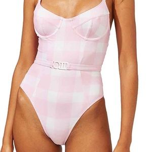 Solid and striped one piece gingham bathing suit with belt cloud pink